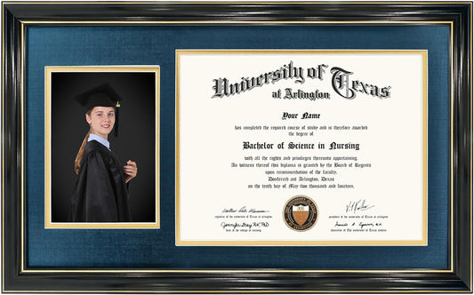 GraduationMall 11x19 Black Diploma and Photo Frame for 8.5x11 Certificate,5x7 Picture,Tempered Glass,Navy Blue over Gold Double Mat