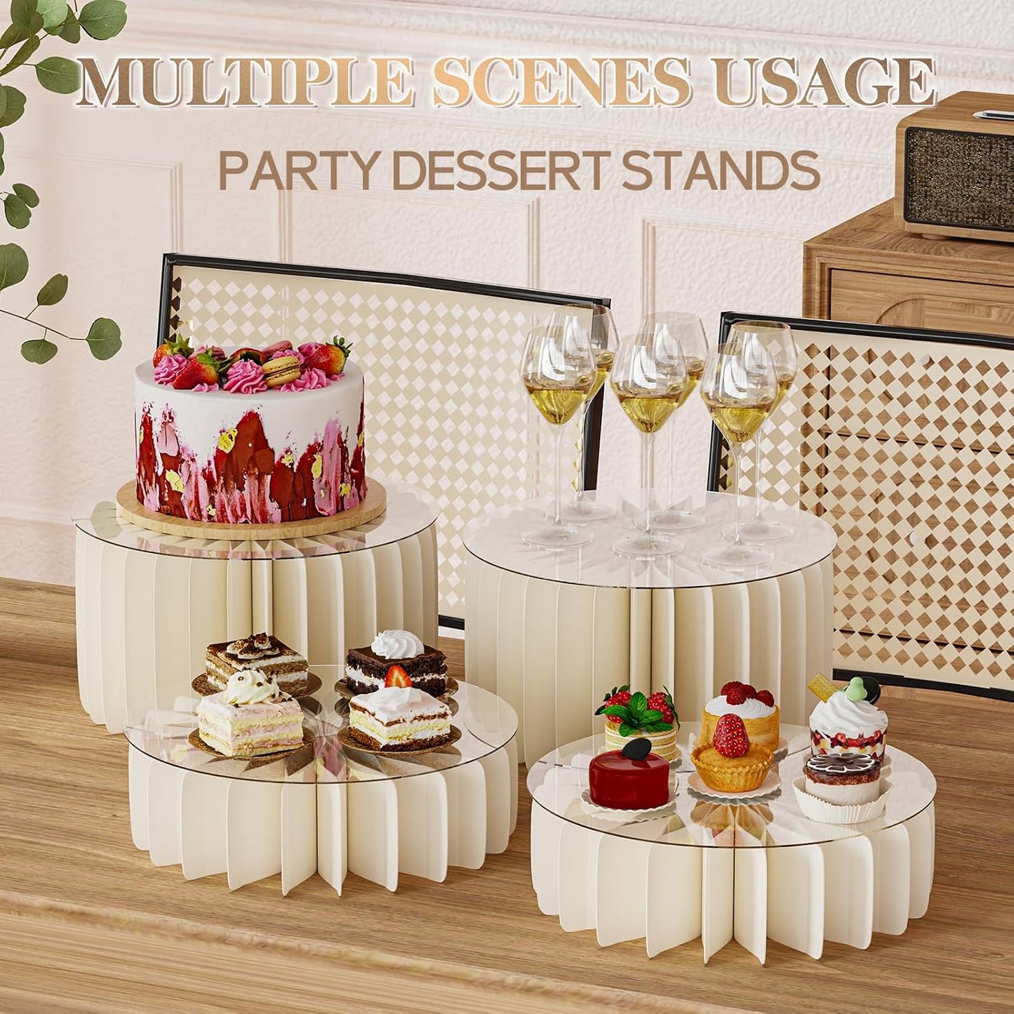 4 PCS Buffet Risers, Foldable Food Risers for Buffet Table, Cylinder Display Stands for Party, White Cake Cupcake Stands for Food Display, Catering Supplies