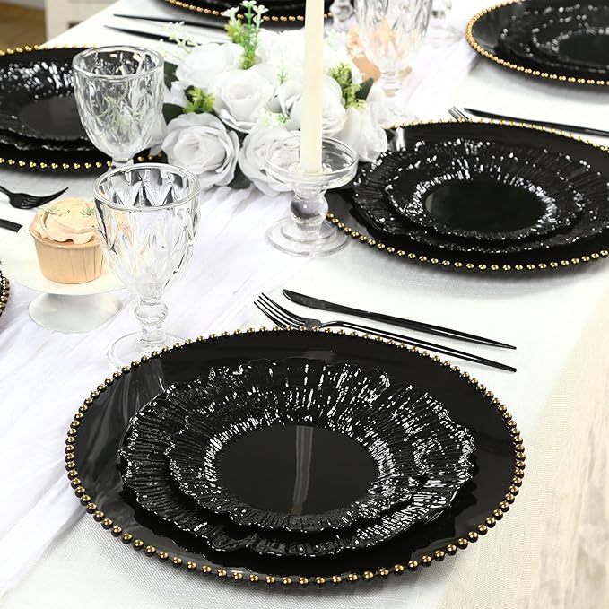 Efavormart 10-Pack Economy Plastic Charger Plates 13" Round Black with Gold Beaded Rim - Stylish Dinner Party Serving Plates