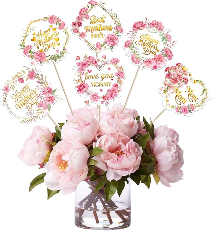 18 PCS Happy Mother's Day Centerpiece Sticks Double Sided Rose Flowers Love Mom Table Centerpieces Best Mom Floral Decorations for Happy Mother's Day Theme Women Birthday Party Centerpieces Supplies