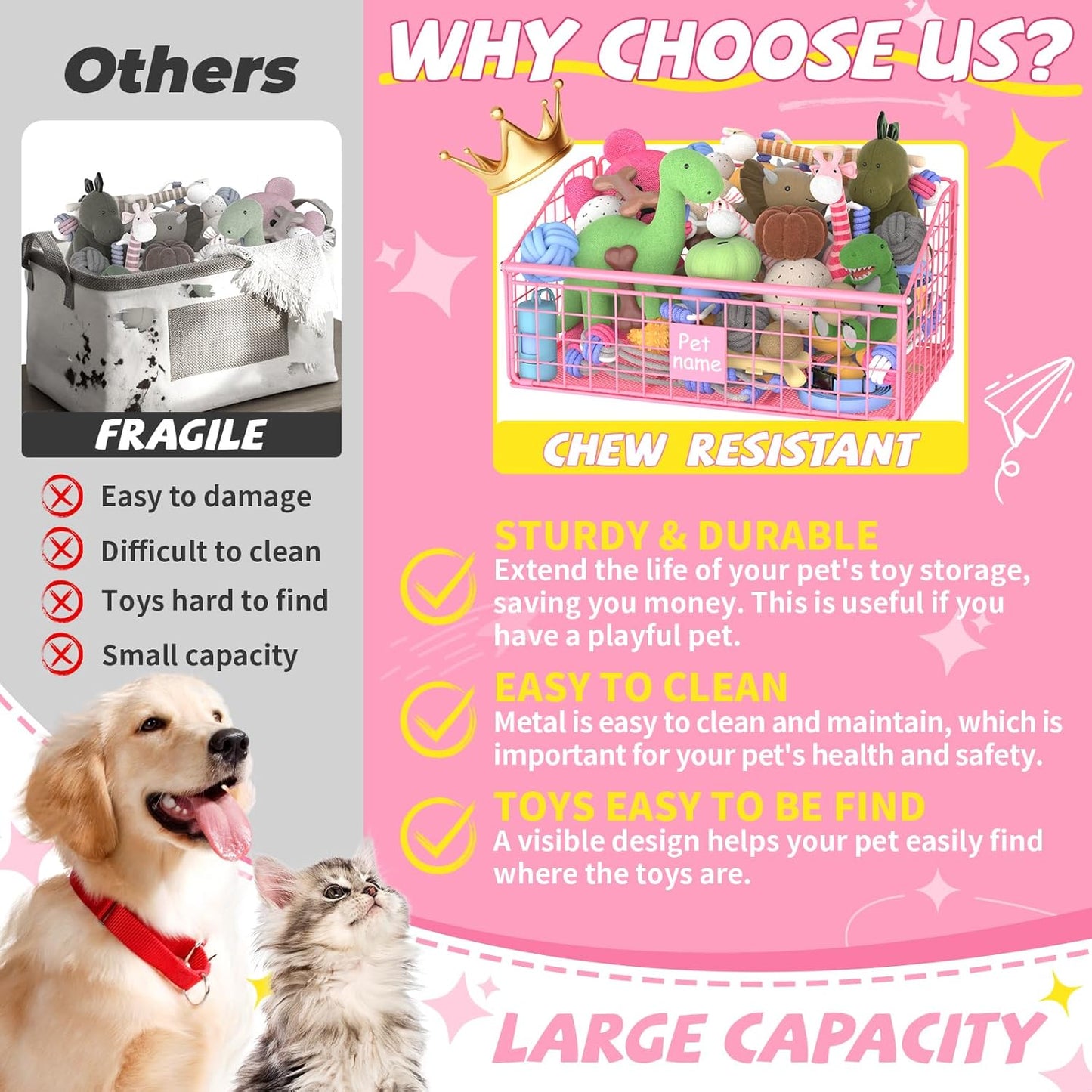 Indestructible Dog Toy basket, Medium Toy Box for Dogs,Pet Toy Bin Dog Metal Basket for Toys, Toy Storage Organizer, Living Room Area (Pink)