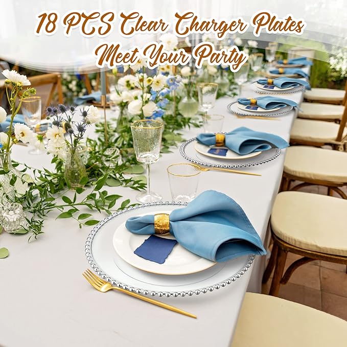 Zopeal 18 PCS Clear Charger Plates with Beaded Rim 13 Inch Plastic Round Charger Plates Bulk for Dinner Home Kitchen Wedding Party Tabletop(Silver)