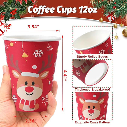 100 Pack 12 oz Christmas Coffee Cups No Lids, Disposable Hot Cold Drinking Cup, 12 Ounce Paper Coffee Cups for Party, Businsess, Holiday, Home