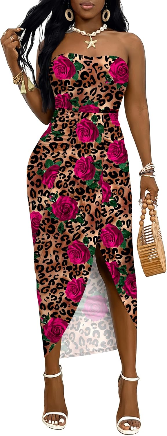 Umenlele Women's Strapless Ruched High Waist Wrap Split Asymmetrical Beach Maxi Long Dress