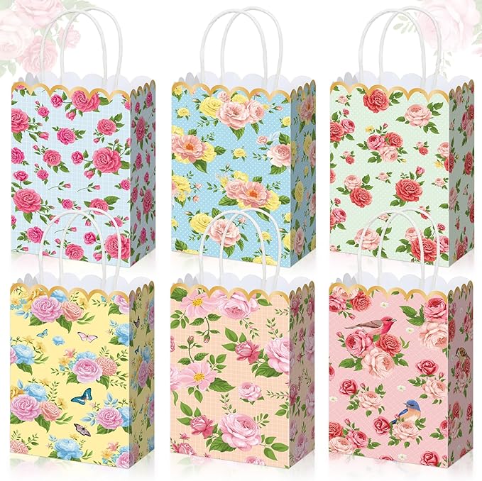 Vintage Floral Gift Bags Bulk Tea Party Favors Flower Tea Party Goodie Bags Treat Candy Bag Spring Wildflower Birthday Favors Decoration for Princess Birthday Wedding Garden Bridal Shower 24Pcs