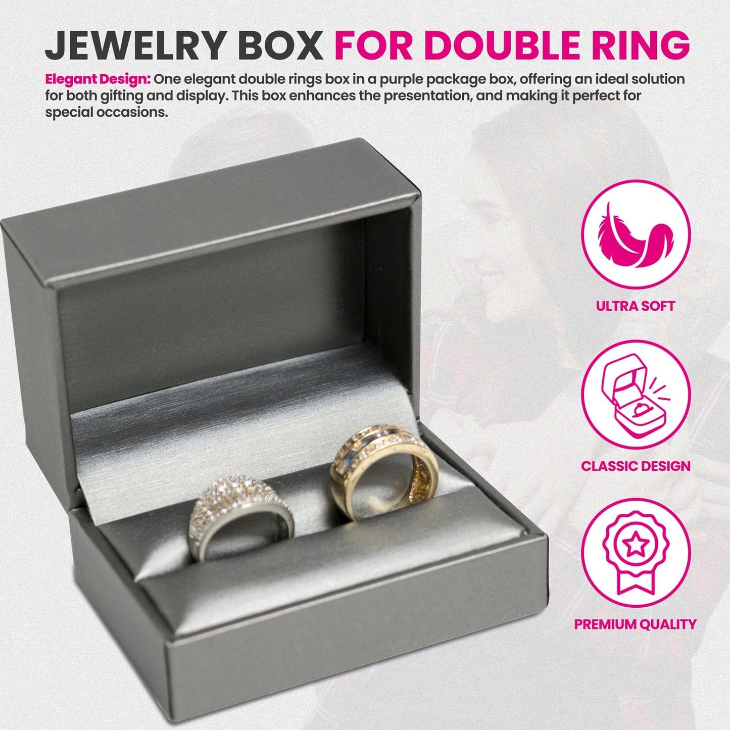 Novel Box Silver Jewelry Box for Double Rings 3.12x2.12x1.87 Inches - Double Rings Gift Box for Proposal Wedding Engagement - Faux Leatherette Jewelry Display Box - Gift Presentation Boxes for Rings