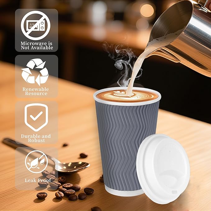100 Set - 16 oz Coffee Cups with Lids, Disposable Insulated Corrugated Paper Cups, Double Wall Ripple To Go Cups for Hot Drinks, Chocolate, Cocoa (Grey)