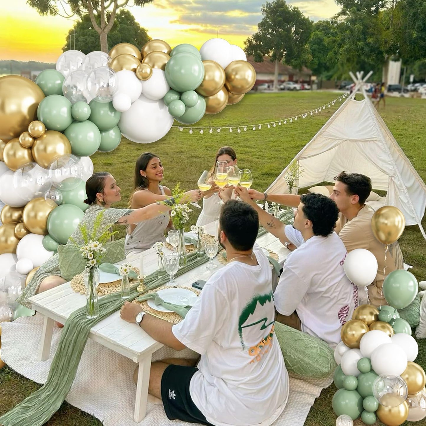 Sage Green White Gold Balloon Garland Arch Kit, 148Pcs Green and White Clear Balloons for Baby Shower Wedding Bridal Shower Birthday Party Decorations