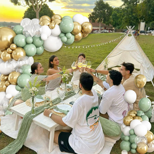 Sage Green White Gold Balloon Garland Arch Kit, 148Pcs Green and White Clear Balloons for Baby Shower Wedding Bridal Shower Birthday Party Decorations