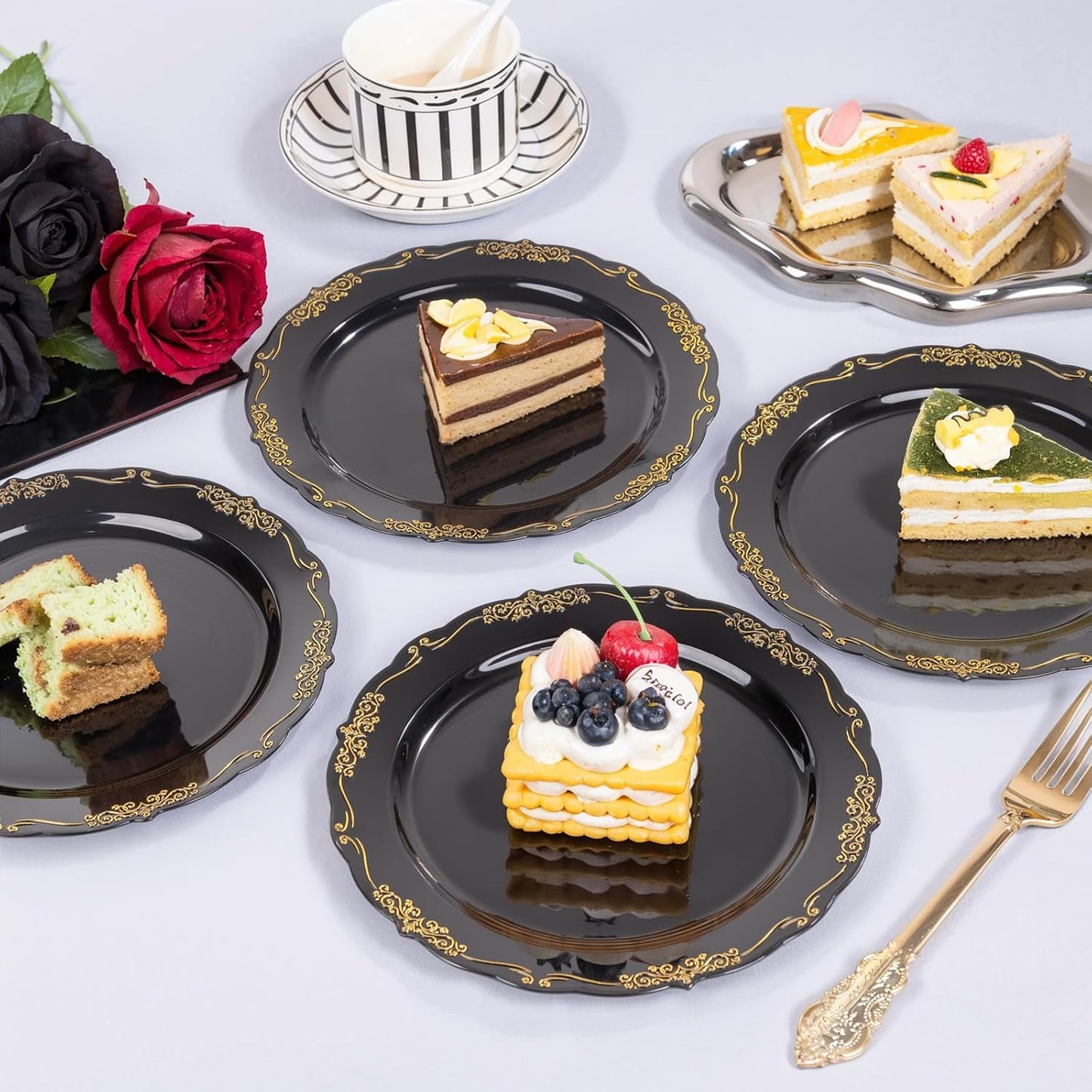 DaYammi 60PCS Black and Gold Plastic Plates, Heavy Duty Black and Gold Disposable Plates Premium 7.5 inch Black Dessert Cake Salad Appetizer Plates Hard Plastic Plates Disposable for Halloween Party