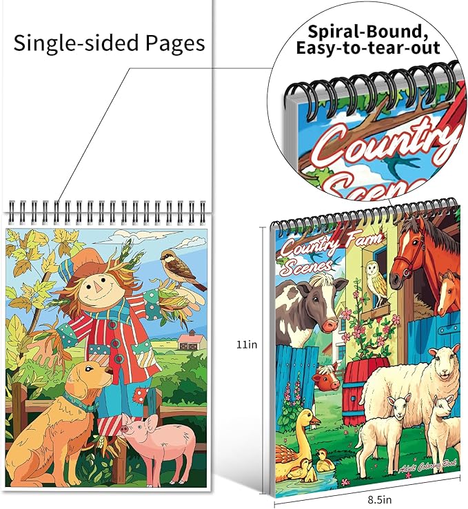 Kalysky Country Farm Adult Coloring Book Set - 3 Coloring Books for Adults Relaxation, Country Gardens, Farm & City Sights Themes | Stress Relief Coloring Book for Women