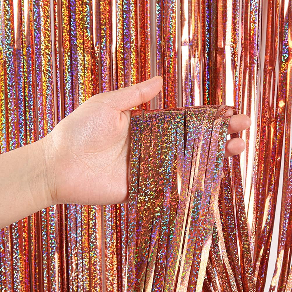 Tinsel Fringe Backdrop Party Decor Foil Curtain Party Decorations for Birthday Holiday Celebration Graduation Baby Shower Engagement Bachelorette Wedding Photo Booth Props(Sparkle Rose Gold)