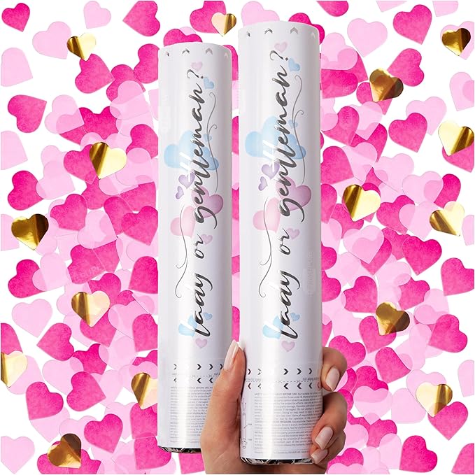 PrimePure Gender Reveal Confetti Cannon - Heart Shaped Confetti Poppers - Pink, 2 Pack - Baby Girl Gender Reveal Party Poppers - Pink Paper Baby Party Supplies Pop Gun