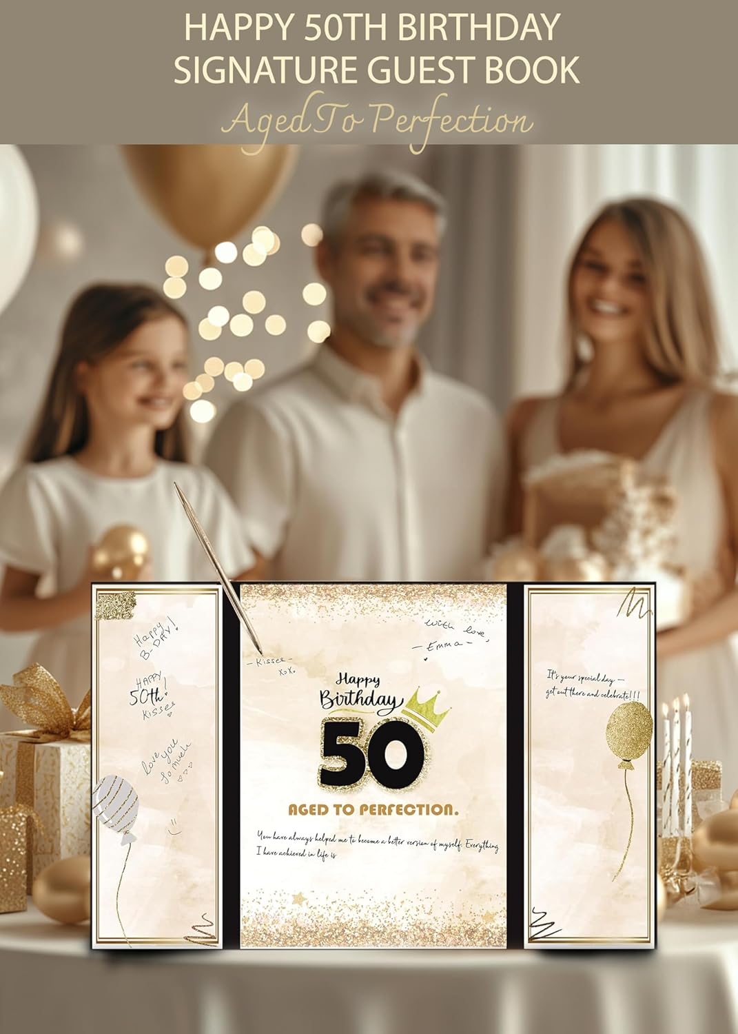 50th Birthday Guest Book Alternative Black Gold Party Decorations for Men 12"x18" - 50 Years Sign in Poster Card Gift - Fifty Party Signature Book Keepsake - Table Centerpiece Decor