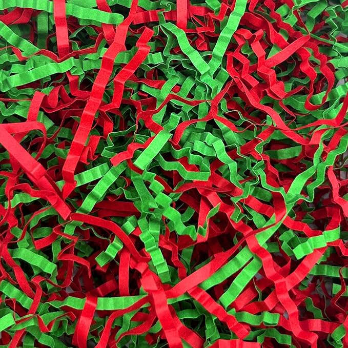 Red Green Crinkle Cut Paper Shred Filler, 2 LB Basket Filler Shredded Paper, Confetti Stuffing for Basket Filling, Mother's Day, Birthdays, Weddings, DIY Gift Wrapping, Stuffer Party Supplies