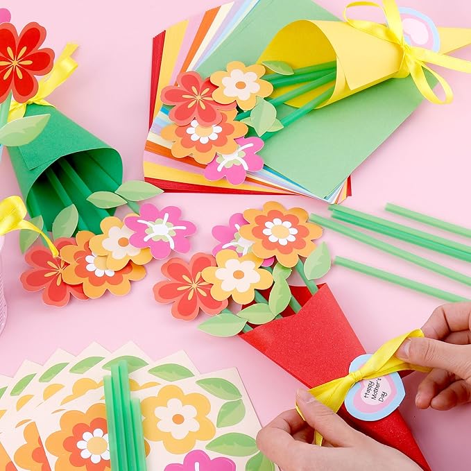 FULAIERGD 32 Set Mother's Day Flower Bouquet Paper Craft Kit-Mother's Day DIY Make Your Own Flower Bouquet for Party Activities Mom Teacher Appreciation Week Valentine Gift