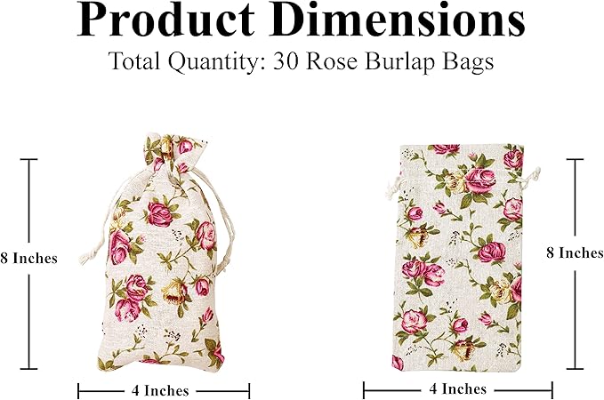 Mandala Crafts 4X8 Inch Rose Burlap Drawstring Gift Bags for Favors - 30 Small Floral Linen Sacks Gift Pouches for Candy, Coffee, Jewelry, Wedding, and Party Supplies