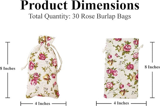 Mandala Crafts 4X8 Inch Rose Burlap Drawstring Gift Bags for Favors - 30 Small Floral Linen Sacks Gift Pouches for Candy, Coffee, Jewelry, Wedding, and Party Supplies