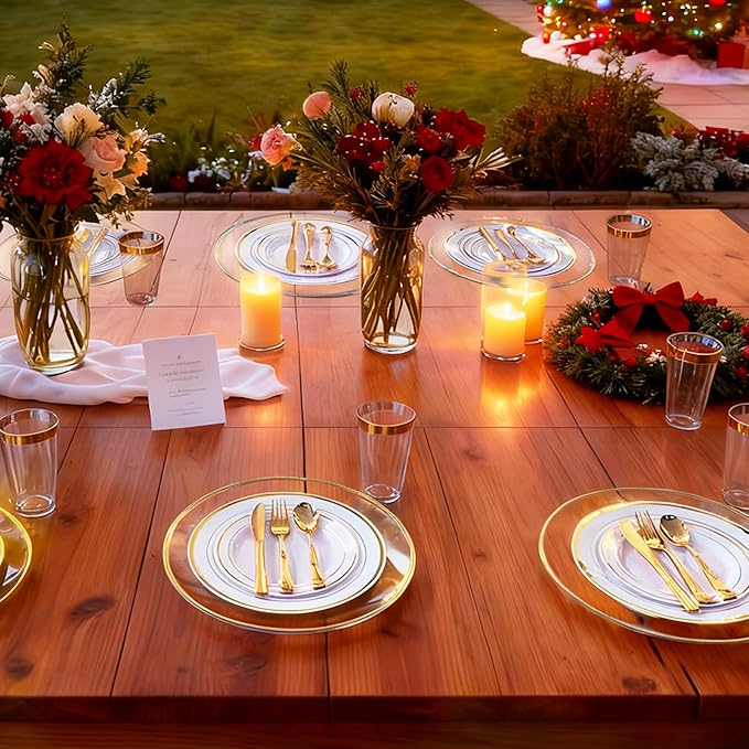 13 Inch Charger Plates, 8 Pack, Clear Charger Plates with Gold Rim, Heavy Duty Disposable Plastic Chargers for Dinner, Elegant Dining, Wedding, Party, Formal Event Decoration (8, Gold)