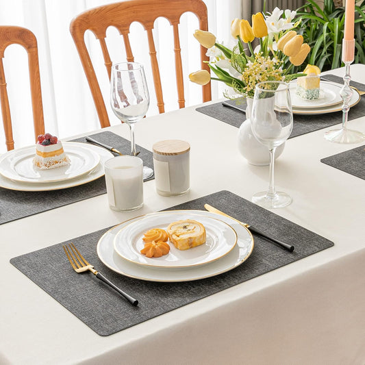 Romanstile Vinyl Placemats Set of 12-12 X 18 Inch - Heat Resistant Place Mats 100% Waterproof Oilproof Wipeable Reversible Faux Leather Table Mats for Kitchen/Dining/Party/Outdoor, Dark Grey