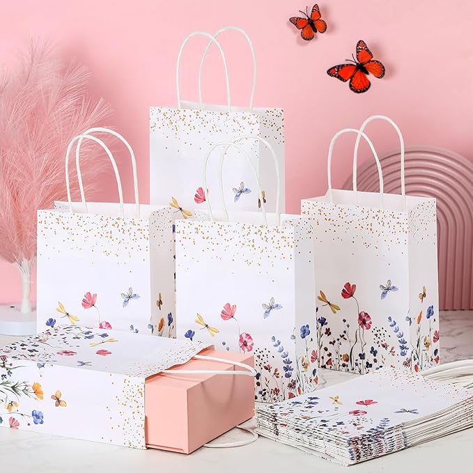 Kolldenn 16 Pcs Wildflower Paper Gift Bags Women Mother's Day Birthday Favor Goodie Candy Bags with Handles for Bridal Engagement Baby Shower Party Supplies