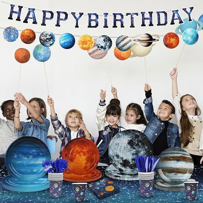 182pcs Outer Space Theme Birthday Party Supplies,Galaxy Planet Outer Space Paper Plates and Napkins Kit,for Solar System Planets Baby Shower Birthday Party Decorations,Serves 30