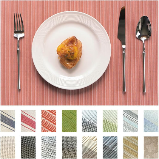 Placemats Set of 8 Vinyl/Plastic Woven Place Mats for Kitchen Table Indoor/Outdoor Washable Placemat Wipeable Dining Table Mats (Red Stripes,8)