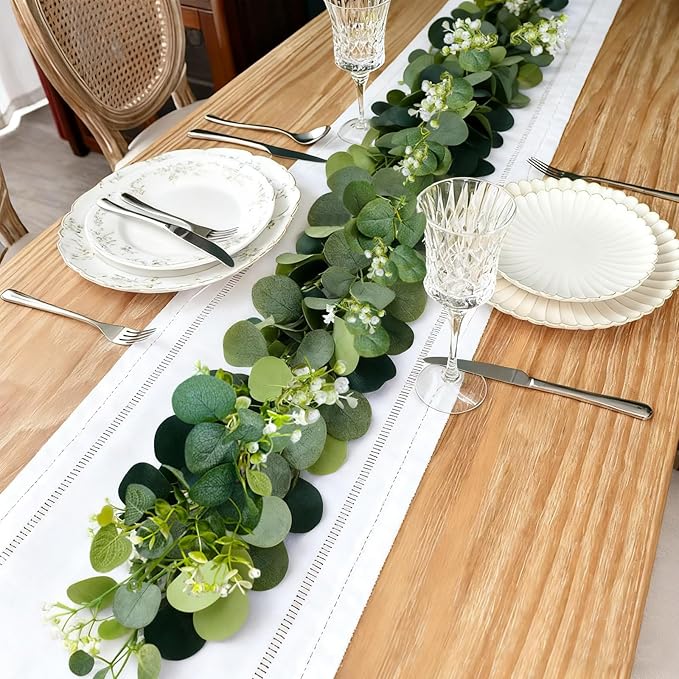 4 Packs 5.74 Ft Artificial Eucalyptus Garland Leaves with Flowers Artificial Fake Greenery Hanging Vines for Wedding Table Home Stairs Decor Decorations Garland for Mantle