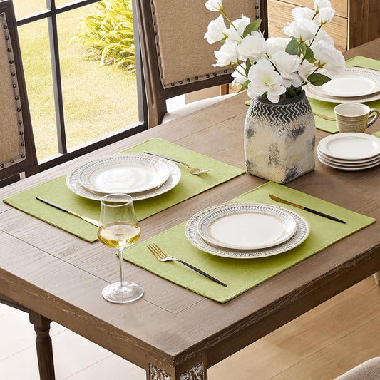 Romanstile Cloth Placemats Set of 8-12 x 18 Inch, Heat Resistant Double Layered Thickened Burlap Place Mats, Washable Faux Linen Farmhouse Table Mats for Kitchen/Dining/Party/Outdoor, Green