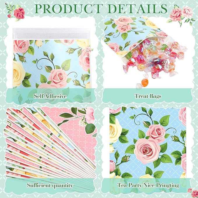 Tinlade 100 Pcs Tea Party Gift Bags 5 x 7 Inch Spring Party Treat Pouch Floral Paper Favor Bag Self-adhesive Floral Candy Pouches for Tea Wedding Bridal Shower Birthday Mother's Day Supply (Flower)