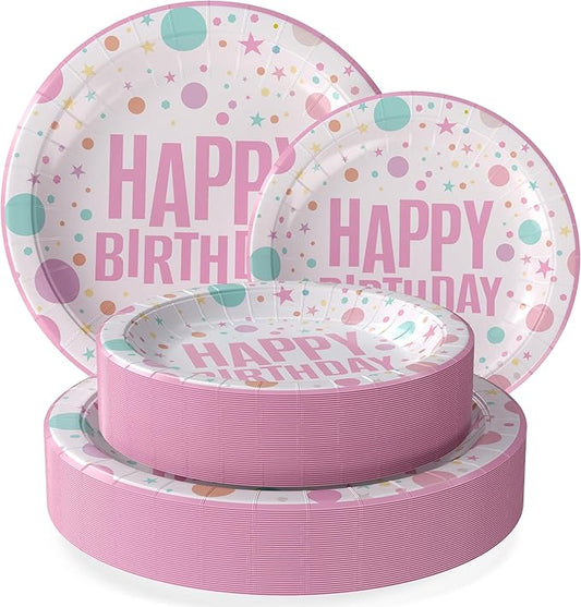 Exquisite Pink Happy Birthday Plates 9" Birthday Paper Plates 100 Pcs Pink Party Plate | Disposable Heavy Duty 350 Gsm Disposable Plate For Party Supplies And Decorations