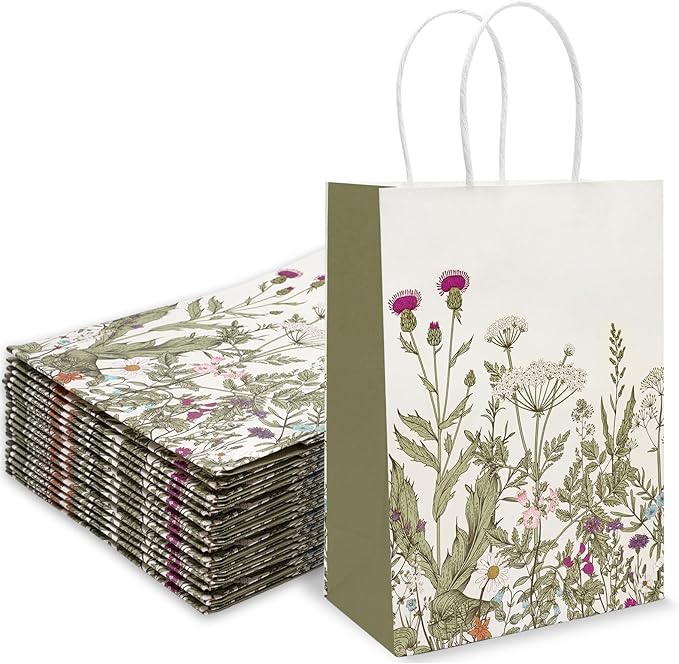 24Pcs Vintage Wildflower Paper Gift Bags Retro Floral Party Favor Bags with Handles Flower Decorative Goodie Candy Treat Bags for Wedding Birthday Baby Shower Party Supplies
