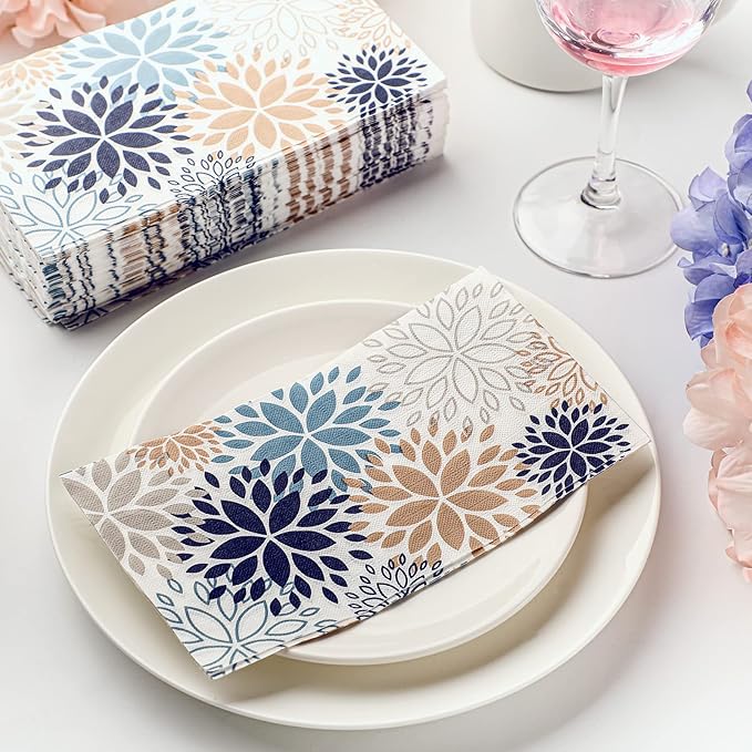 Karenhi 200 Pcs Floral Hand Paper Towel 2 Ply Dahlia Flower Guest Napkins Spring Guest Paper Napkins for Bathroom Disposable Hand Towels for Wedding Bridal Baby Shower Birthday Party