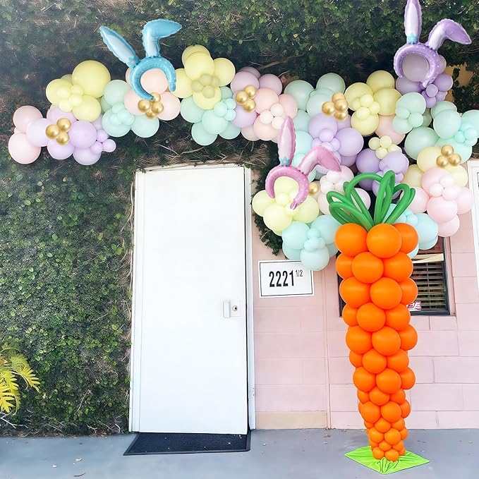 155pcs Easter Balloon Arch, Pastel Rainbow Balloon Garland with Bunny Ears Foil Balloons, Pink Purple Yellow Green Blue White Gold Confetti Balloons for Easter Spring Baby Shower Birthday Decorations