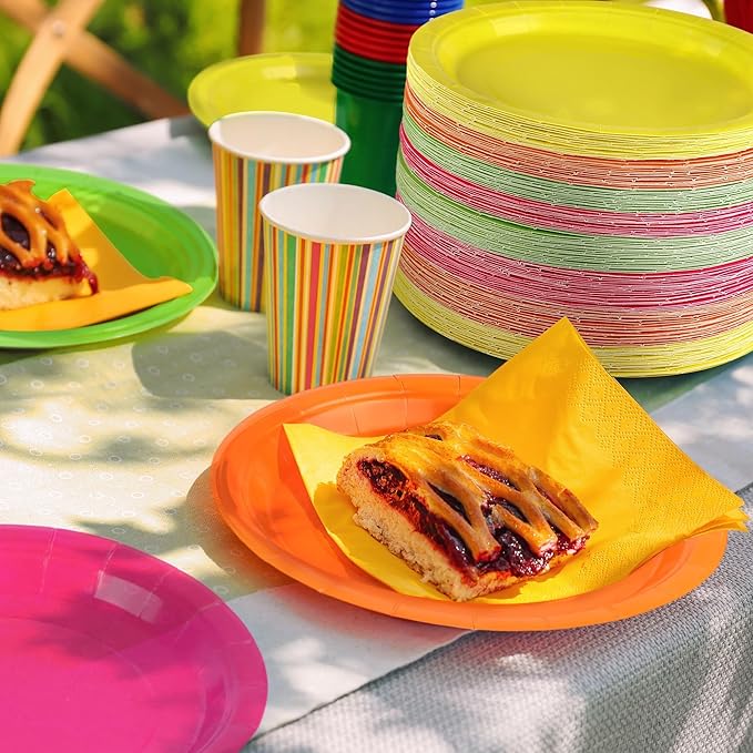 Kochorie 150 Pieces Neon Disposable Paper Plates 9 Inch Heavy Duty Dinner Plates, Solid Color, Table Decorations Party Supplies for Birthdays, Weddings, Daily Use
