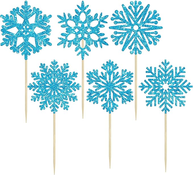 36Pcs Snowflake Cupcake Toppers Blue Glitter Snowflake Cake Toppers Frozen Cake Decorations for Baby Shower Winter Wonderland Christmas Party Cake Decoration Supplies