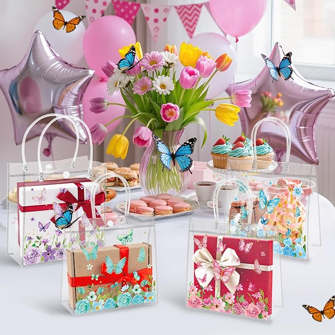 H1vojoxo Spring Butterfly Gift Bags - 24PCS Spring Butterfly Clear PVC Gift Bags with Handle Bulk 7.9x3.2x7.9 Inches Reusable Goodie Snack Treat Plastic Gift Wrap Tote Bag for Baby Shower Wedding