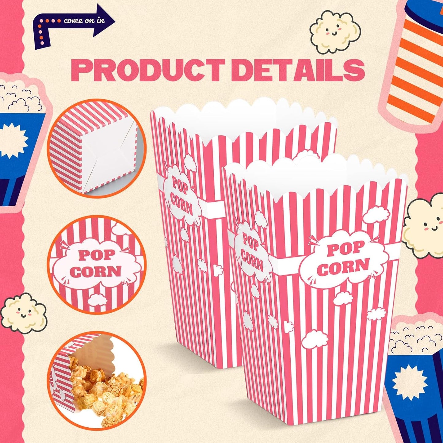 50 Pcs mini Stripe Popcorn Boxes Buckets and Container for Home for Graduation Carnival Summer Birthday Party Supplies(Pink)