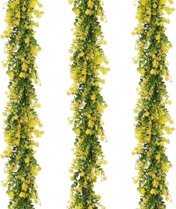 RECUTMS Hanging Garland Plants Artificial Eucalyptus Garland Fake Hanging Eucalyptus Leaf Garlands with Flowers Faux Vine Plants for Indoor Outdoor Spring Thanksgiving Wall Arch Wedding Decor(Yellow)
