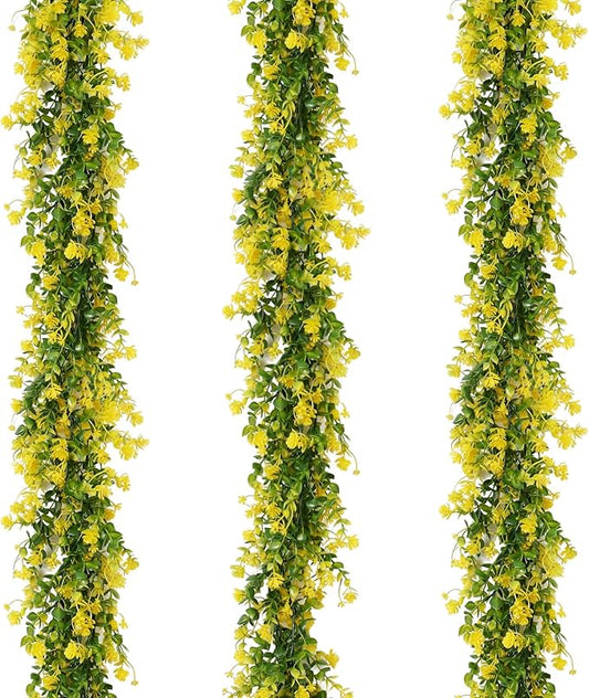 RECUTMS Hanging Garland Plants Artificial Eucalyptus Garland Fake Hanging Eucalyptus Leaf Garlands with Flowers Faux Vine Plants for Indoor Outdoor Spring Thanksgiving Wall Arch Wedding Decor(Yellow)