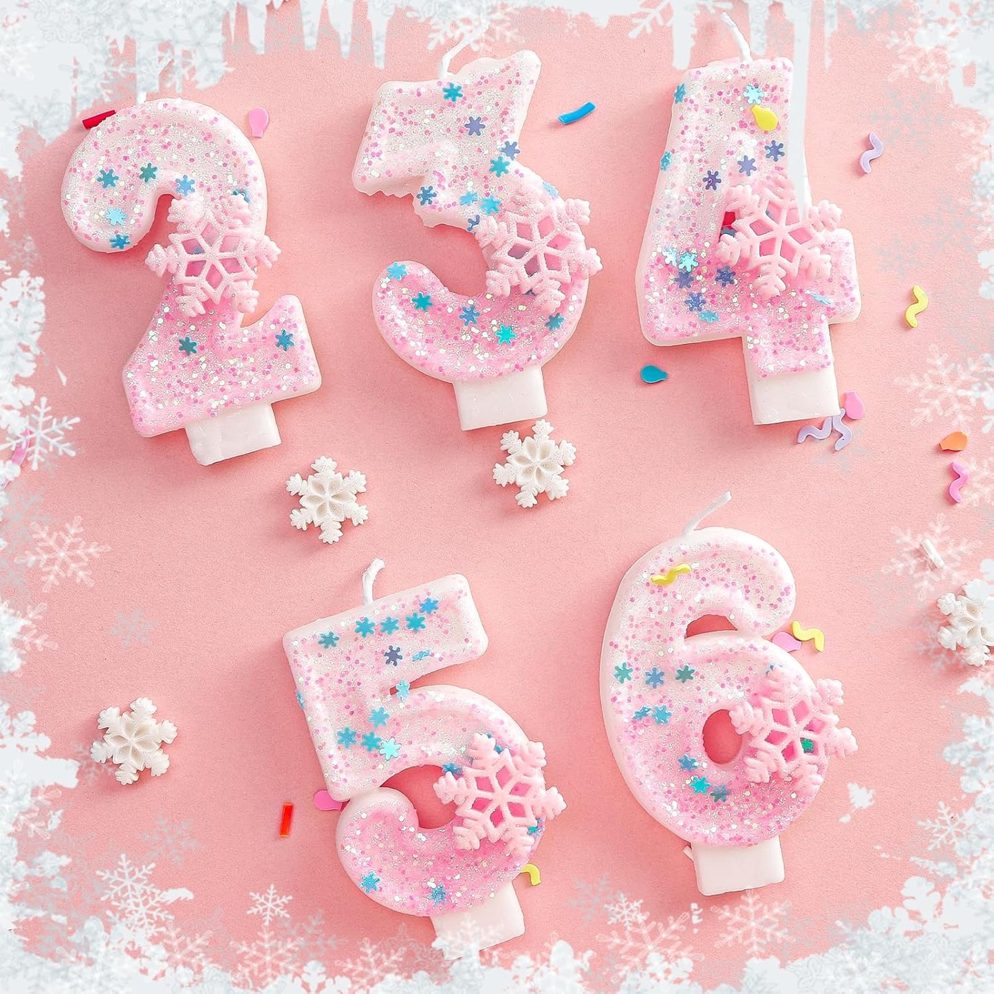 Pink Frozen Snow Themed Birthday Candles,Pink Snowflake Number 4th Birthday Candle for Party Supplies,Winter Frozen Birthday Party Number 6 Cake Topper Decorations