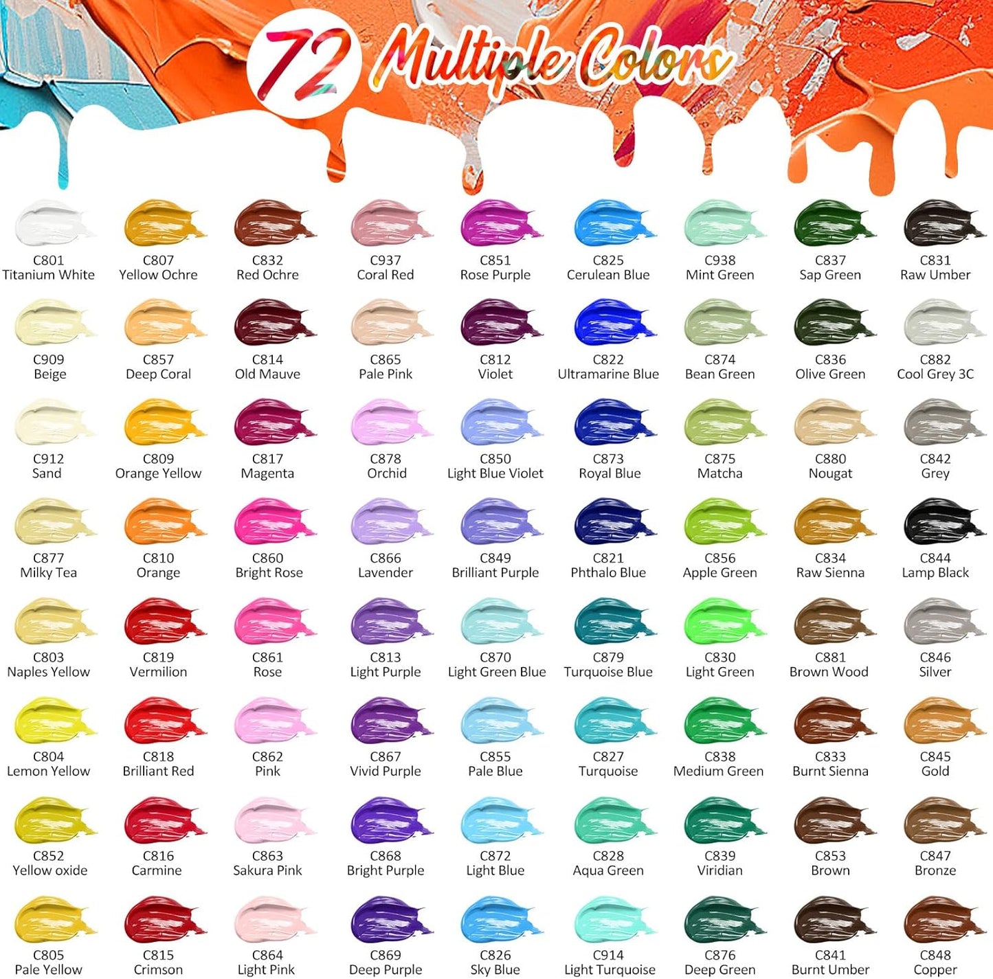 Caliart Acrylic Paint Set with 12 Brushes, 72 Colors (59ml, 2oz) Art Craft Paints Gifts for Artists Adults Beginners Painters, Pumpkin Canvas Ceramic Wood Rock Painting Kit Art Supplies