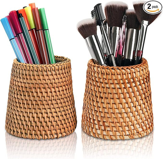 Elsjoy Set of 2 Wicker Pencil Holder, Natural Rattan Pen Cup Woven Makeup Brush Holder, Rustic Utensil Caddy Wicker Pen Organizer for Home Decor, Office, Kitchen