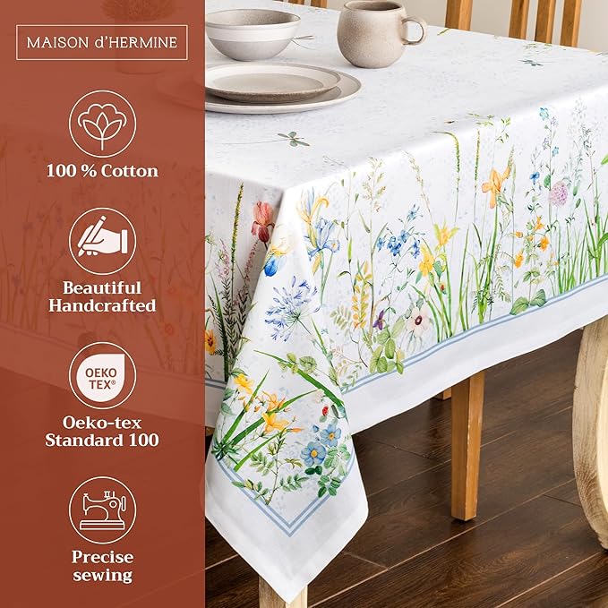 Maison d' Hermine Table Cloth Rectangle Table 100% Cotton 70 x 120 Inches Tablecloth Reusable Decorative for Dining Room Farmhouse Home Valentines Day Decorations Spring Summer - Fleurs De Mai