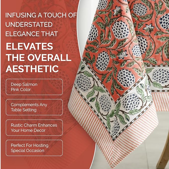 Labhanshi Indian Handblock Print Pre-Washed Cotton Floral 60x90 Inch Rectangle 6-Seater Tablecloth|Rustic Farmhouse Decorative Party Event Wedding Spring Easter Festive Holiday Decor|Dark Salmon Pink