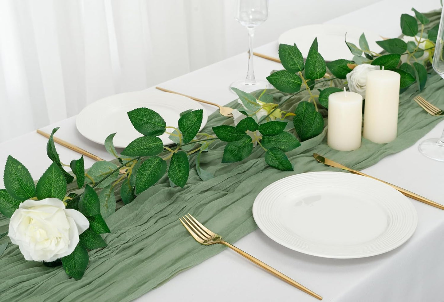 combocube 12 Pack 35x120 Inch 10Ft Cheesecloth Long Table Runner Gauze Rustic Romantic Table Cloth for Wedding Reception Bridal Shower Holiday Birthday Party Table Decorations, Sage Green