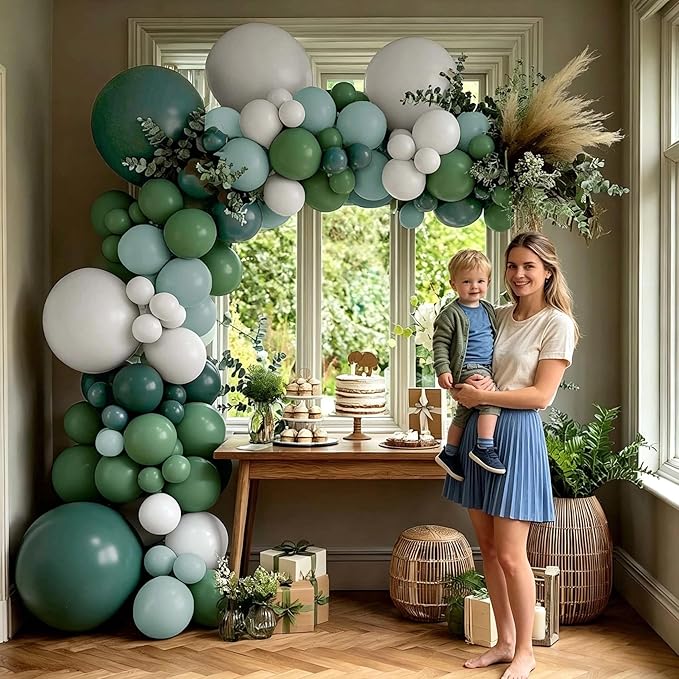 Dusty Blue Green Balloon Arch Kit Double Stuffed Sage Dusty Green White Matte Balloon Garland Slate Blue Teal Latex Balloons for Baby Shower Birthday Neutral Bridal Wedding Gender Reveal Party Decor