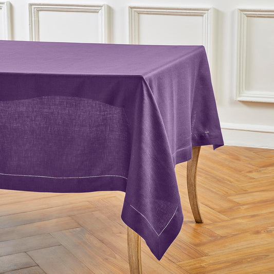 Solino Home Linen Tablecloth for Rectangle Tables 60 x 156 Inch - Classic Hemstitch 100% Pure Linen Purple Table Cloth - Machine Washable Cloth Tablecloth for Fall, Autumn, Halloween, Thanksgiving
