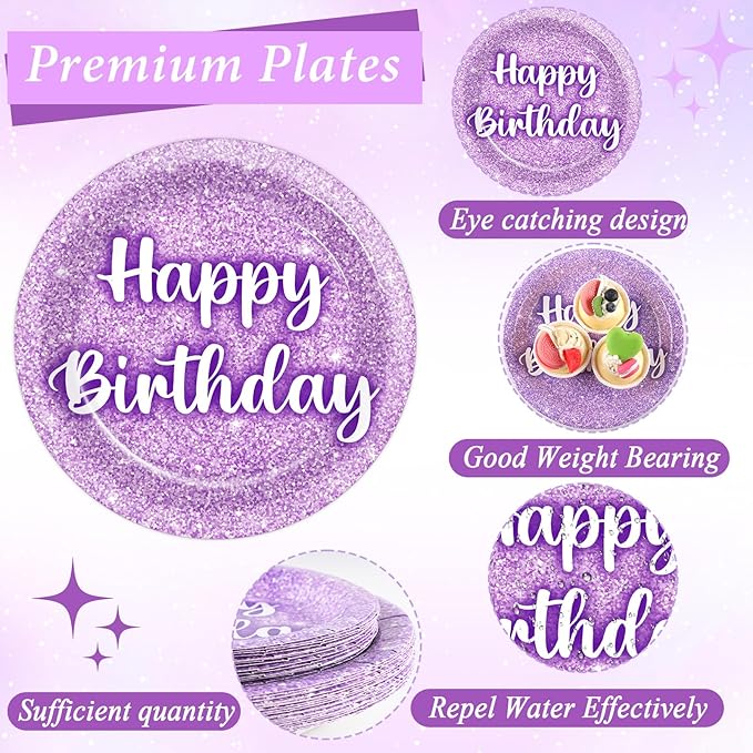 96PCS Purple Glitter Birthday Party Plates and Napkins Purple K-pop Tableware Party Paper Plates Glitter Disposable Dinnerware Parties Set for Girls Women Birthday Sprinkle Anniversary Decorations