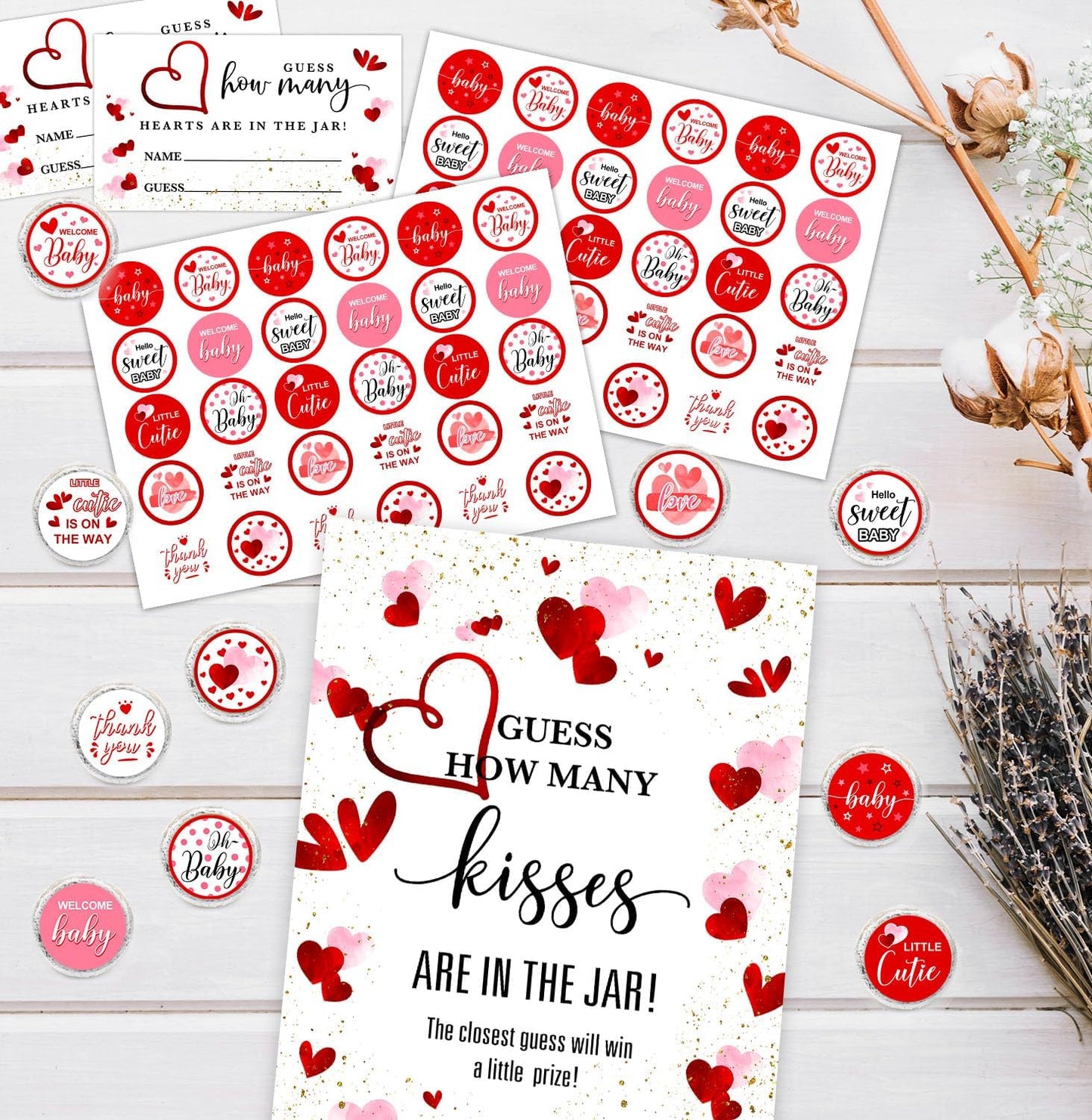 Guess How Many Kisses Baby Shower Game Set - Standing Sign, 50 Guessing Cards, 180 Stickers for Kid's Birthday Party